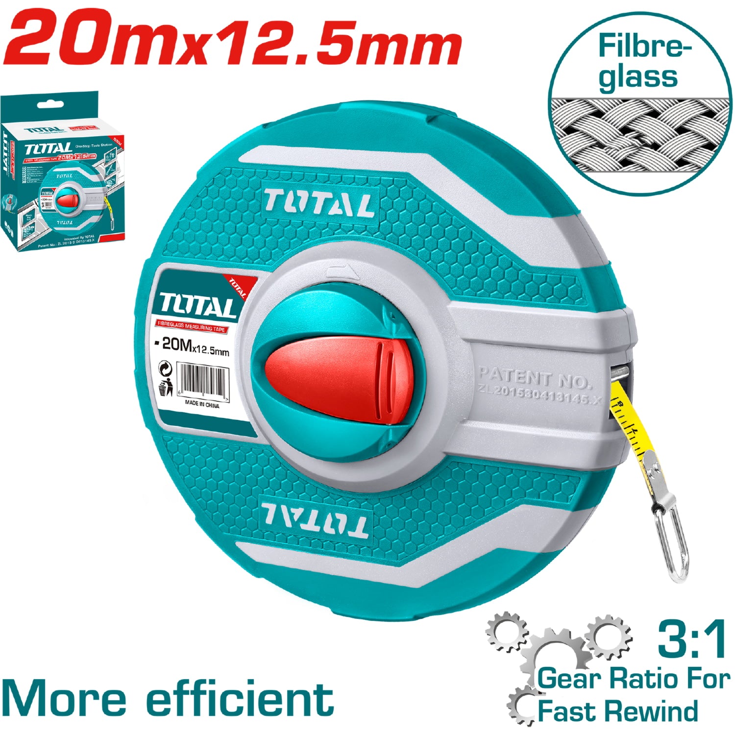 Cinta Metrica de 20 m de Fibra de Vidrio. Ancho 12.5 mm. Relación de Guardado Rapido de 3:1. M-Pulg