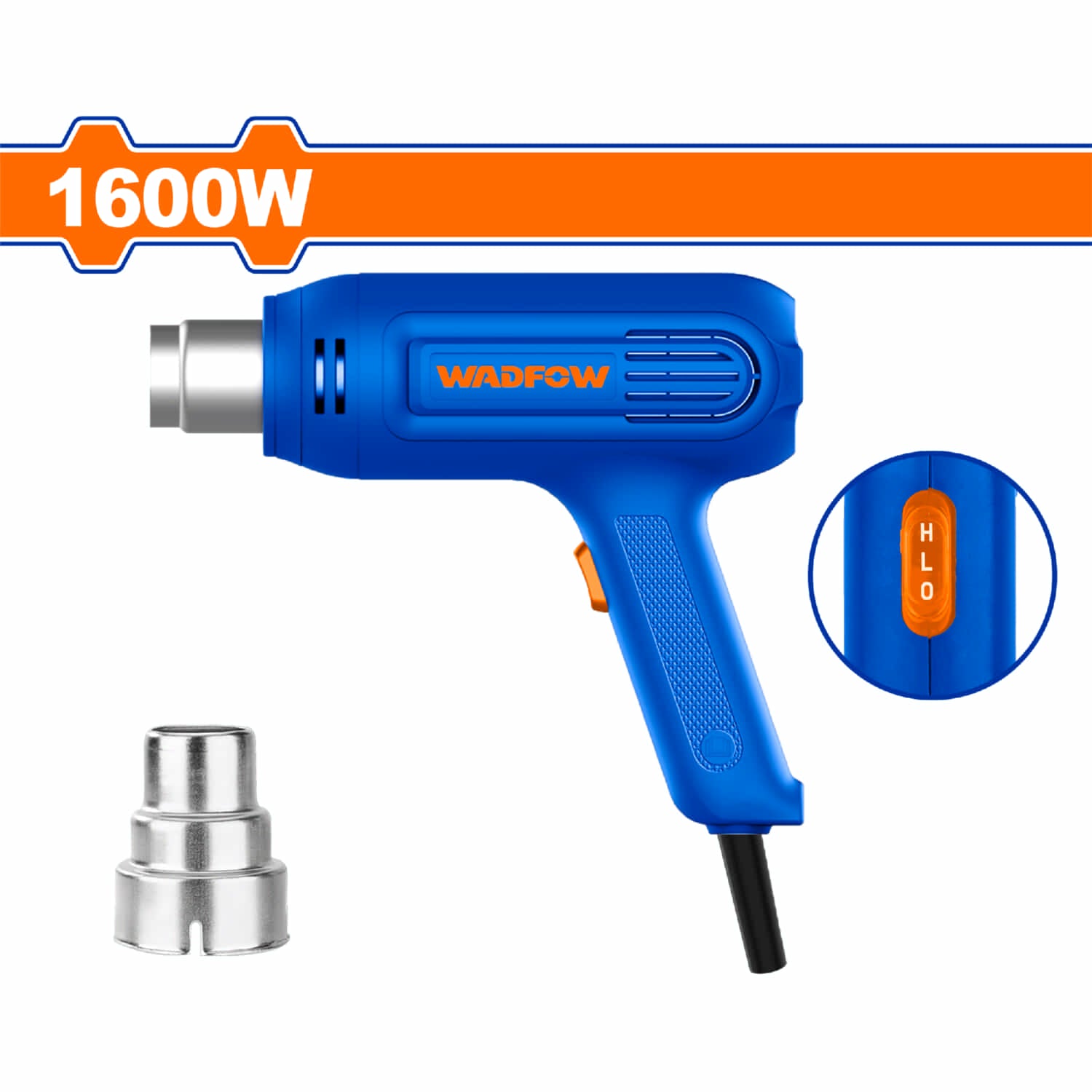 Pistola de Calor 1600W Temp 400°C 500°C. Flujo de aire: 250 480 L min. Incluye:  Boquilla  Aire caliente