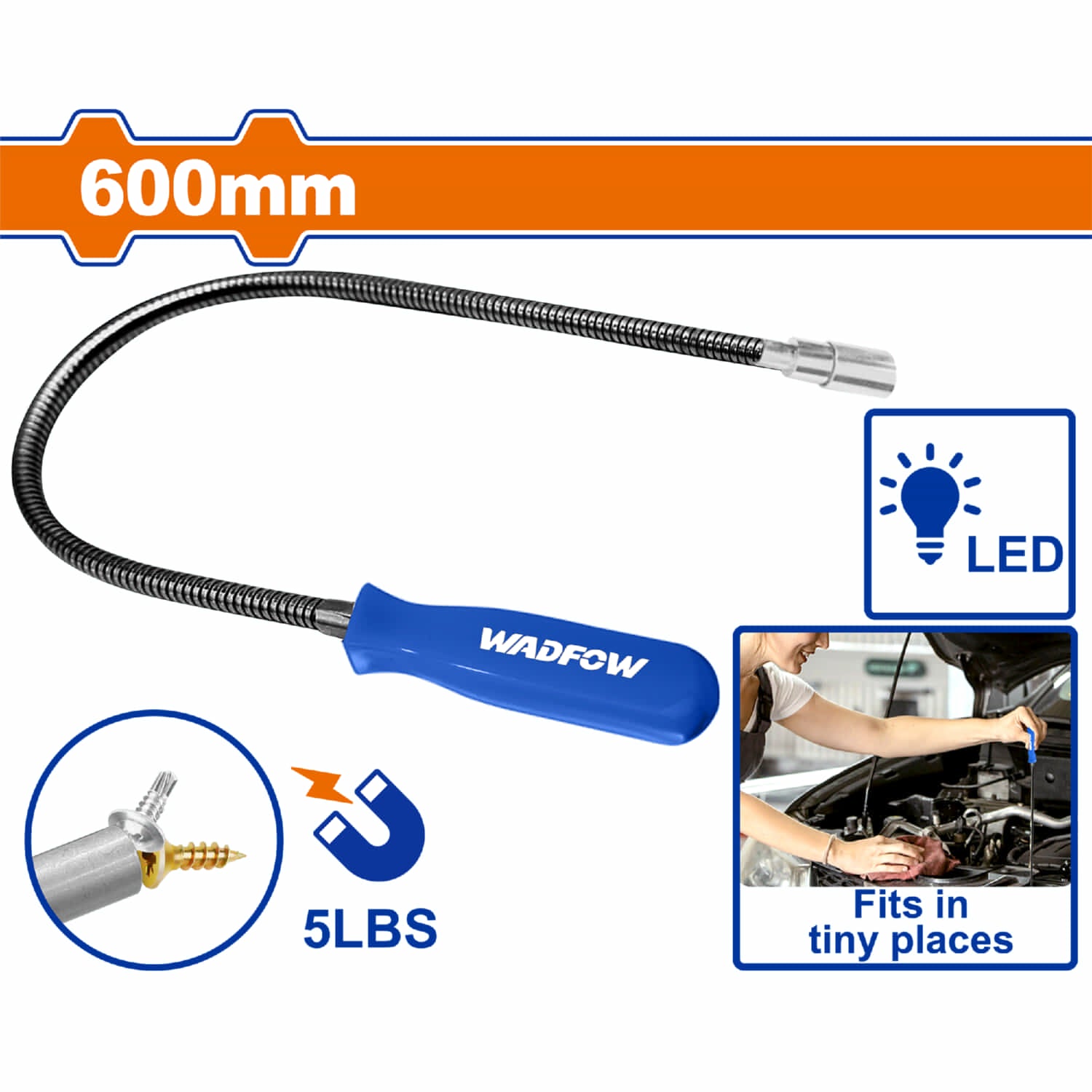 Recogedor Flexible Magnético con LED 600mm. Potencia 5 Lbs. Mango plástico.