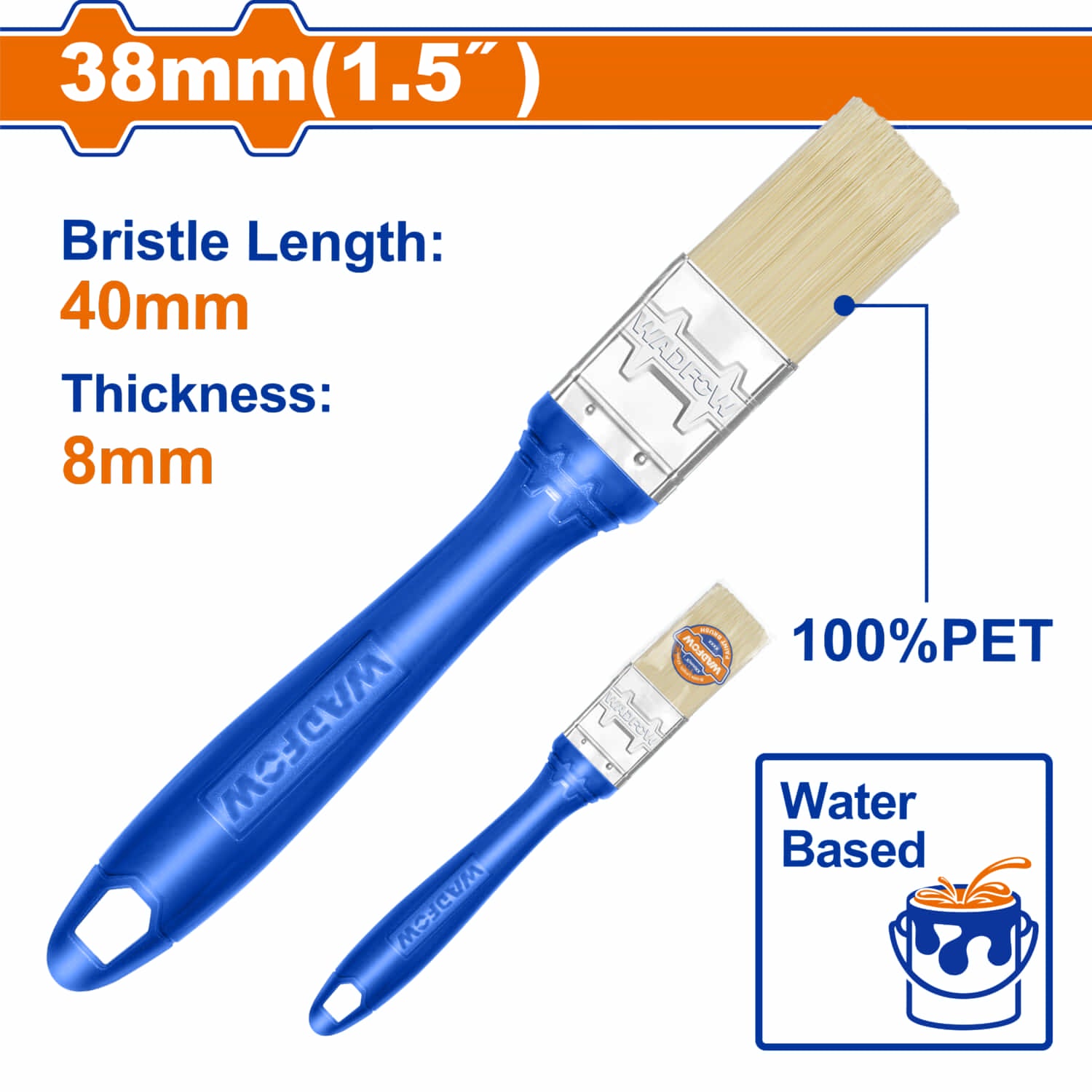 Brocha para pintar 38mm(1.5"). Cerdas 100% PET. Pintura a base de agua. Long: 40mm. Grosor: 8mm.