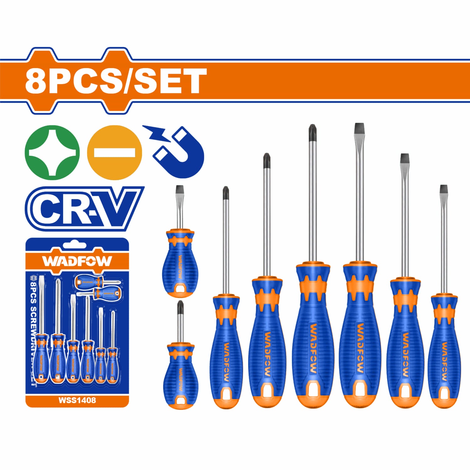 Destornilladores Punta Plana (SL) y Punta Estrella (PH).CR-V. Magnético. Mango redondo(Set de 8)