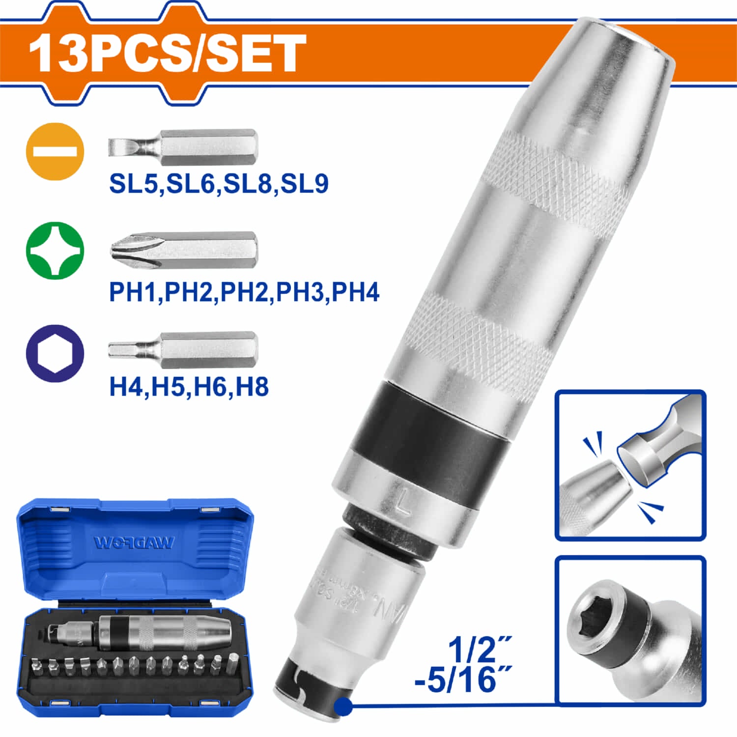 Destornillador de Impacto 13 piezas. Cr-V. Tratamiento térmico. Incluye: Adaptador y puntas.