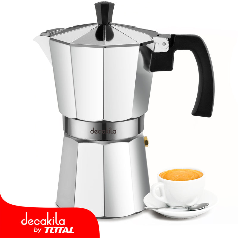 Cafetera Moka 6 tazas, asa resistente al calor y pico antigoteo, fácil de limpiar.