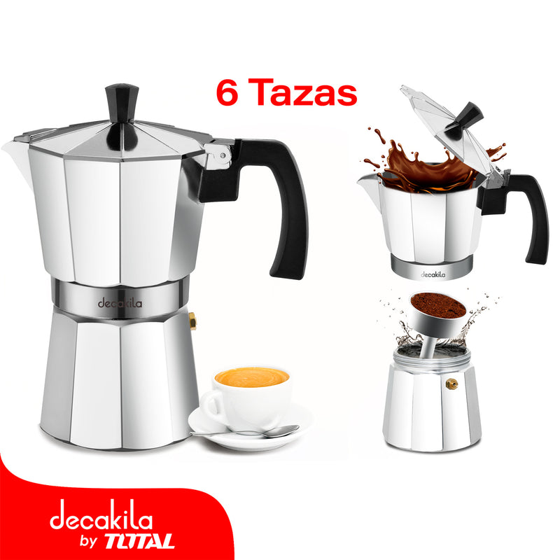 Cafetera Moka 6 tazas, asa resistente al calor y pico antigoteo, fácil de limpiar.