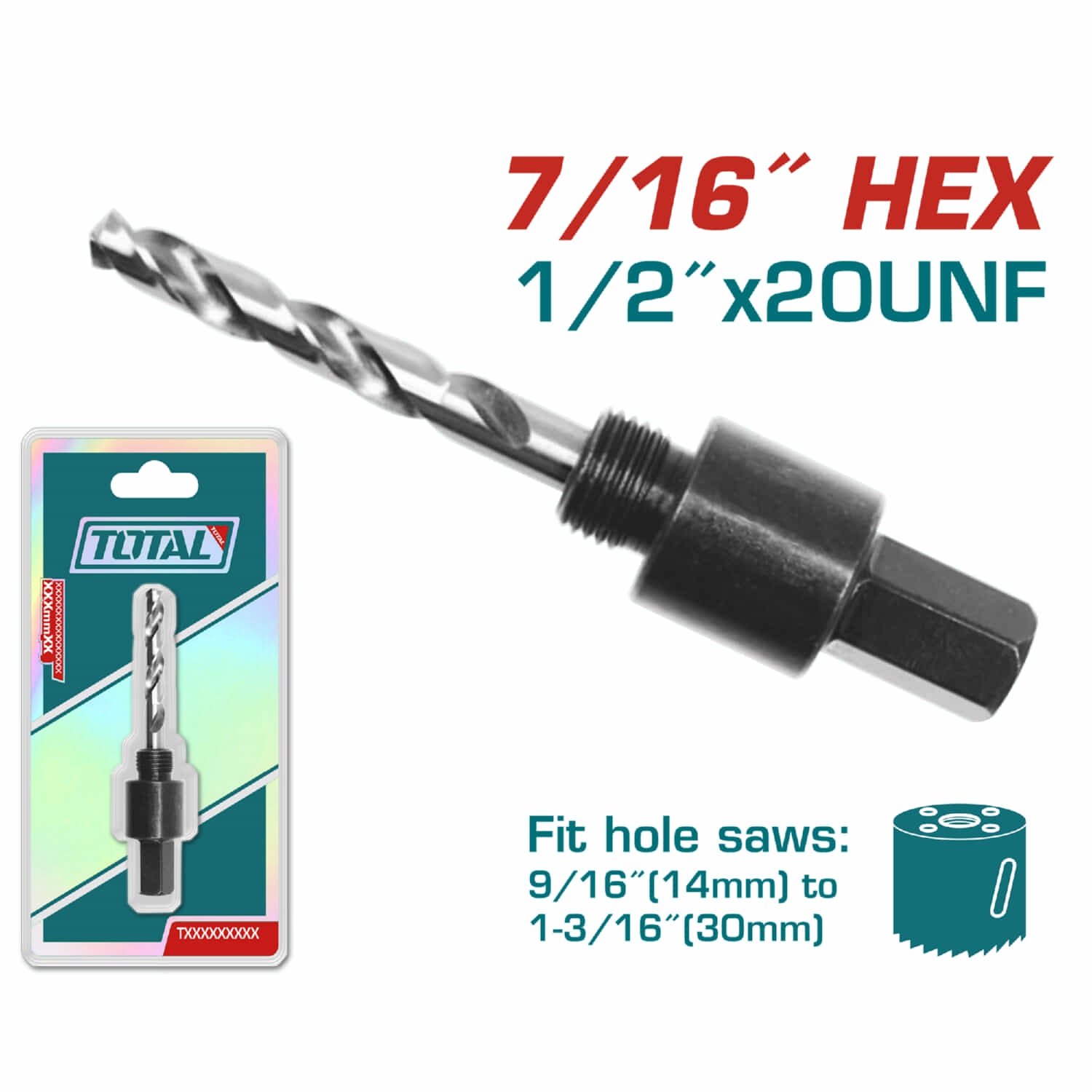 Adaptador para Broca Copa Circular (7/16"Hex) 1/2"x20UNF. 9/16"(14 mm) a 1-3/16"(30 mm)