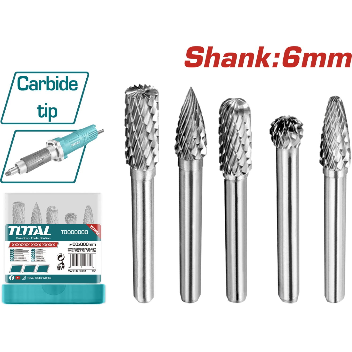 Juego de Fresas de Motortool HSS. 5 piezas. Vástago 6 mm. Doble corte.Cabeza 8 mm.
