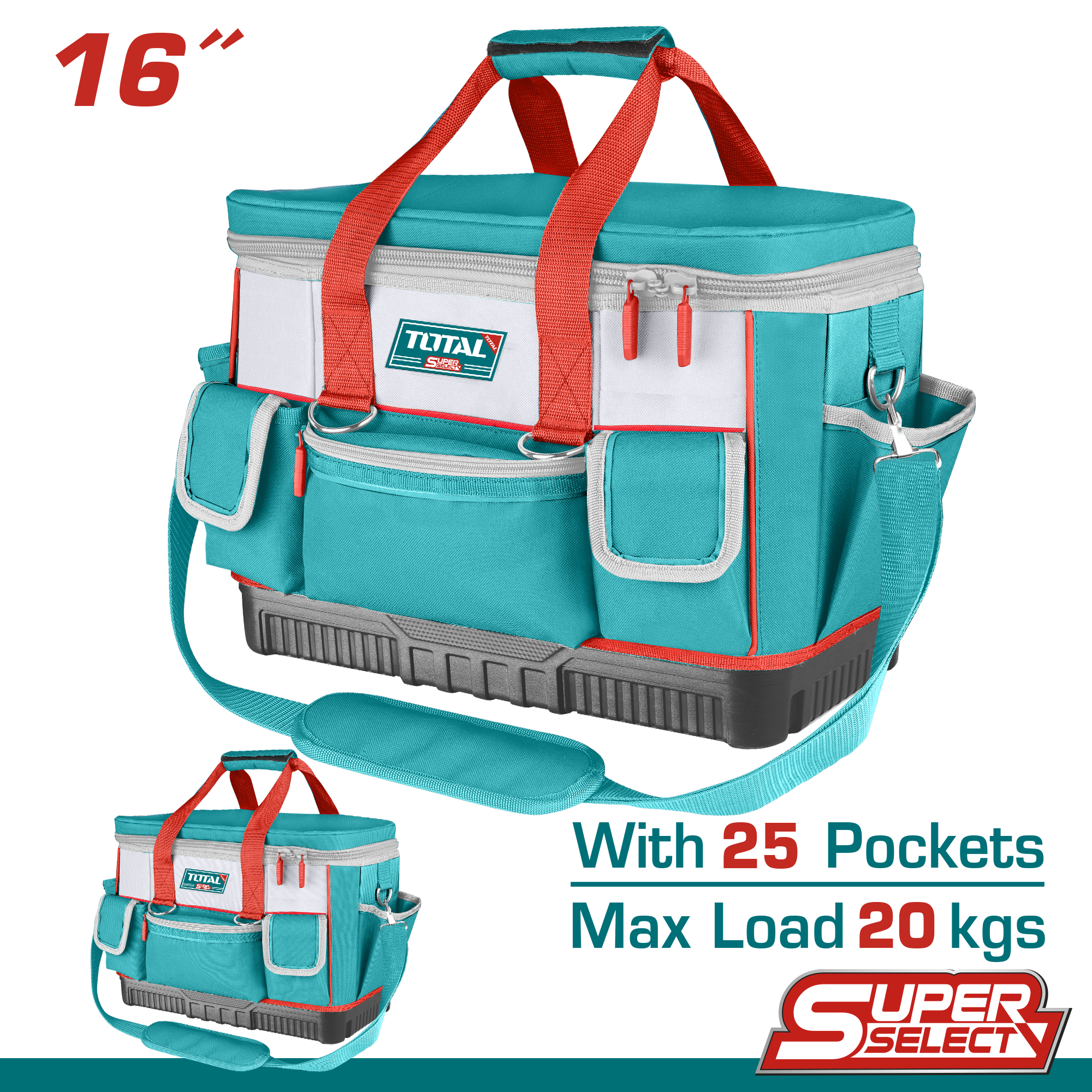 Bolso Caja porta herramientas de poliéster 600D, Tamaño 16”, 25 pcs bolsillos para herramientas