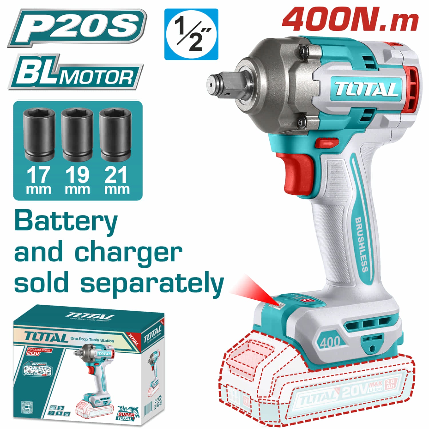 Llave Impacto Dado Cuadrado 1/2" 20V 400Nm. Batería y Cargador por separado.