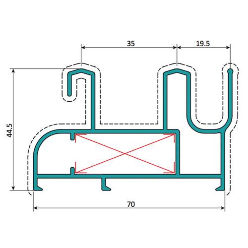 Marco Perimetral 2 Carriles 70 Mm Con Riel Mosquitero. Espesor 1.4 Mm. Largo 5.85 Mts. Acabado Anodi