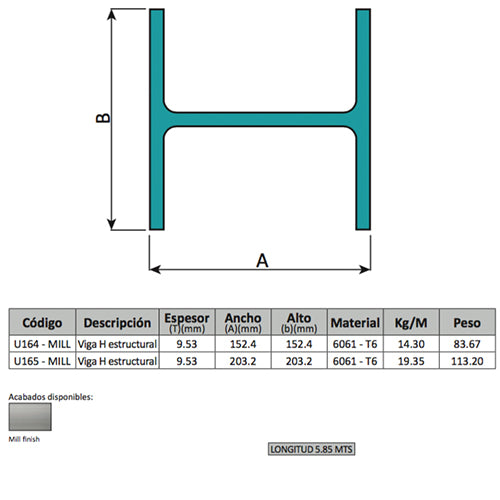 Viga Estructural en forma de  H 8" x 8". Espesor 9.53 mm Alto 203.2 mm Largo 5.85 m. Material 6061