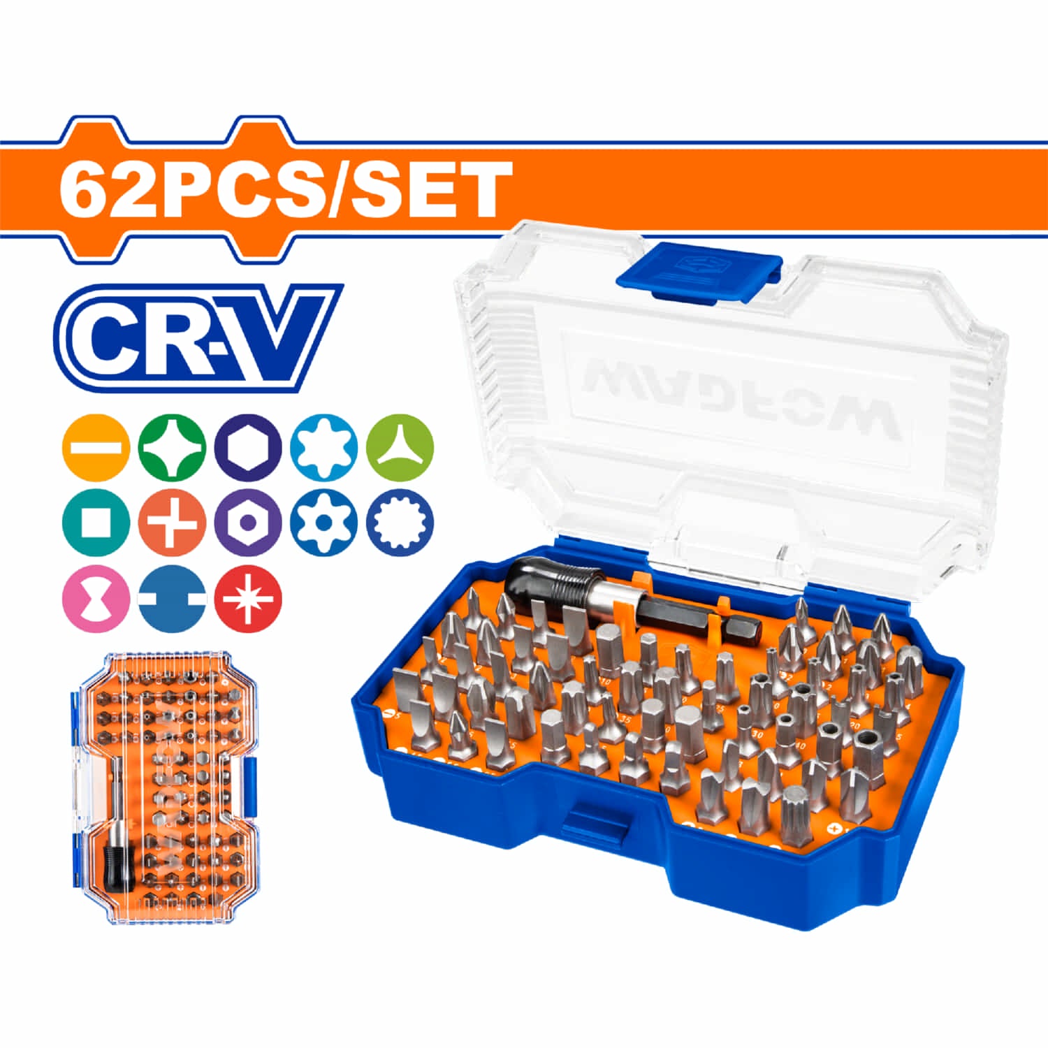 Puntas para destornillador 25mm. Cr-V. Diversos modelos. Incluye 1 soporte de liberación. Juego de 62 piezas.