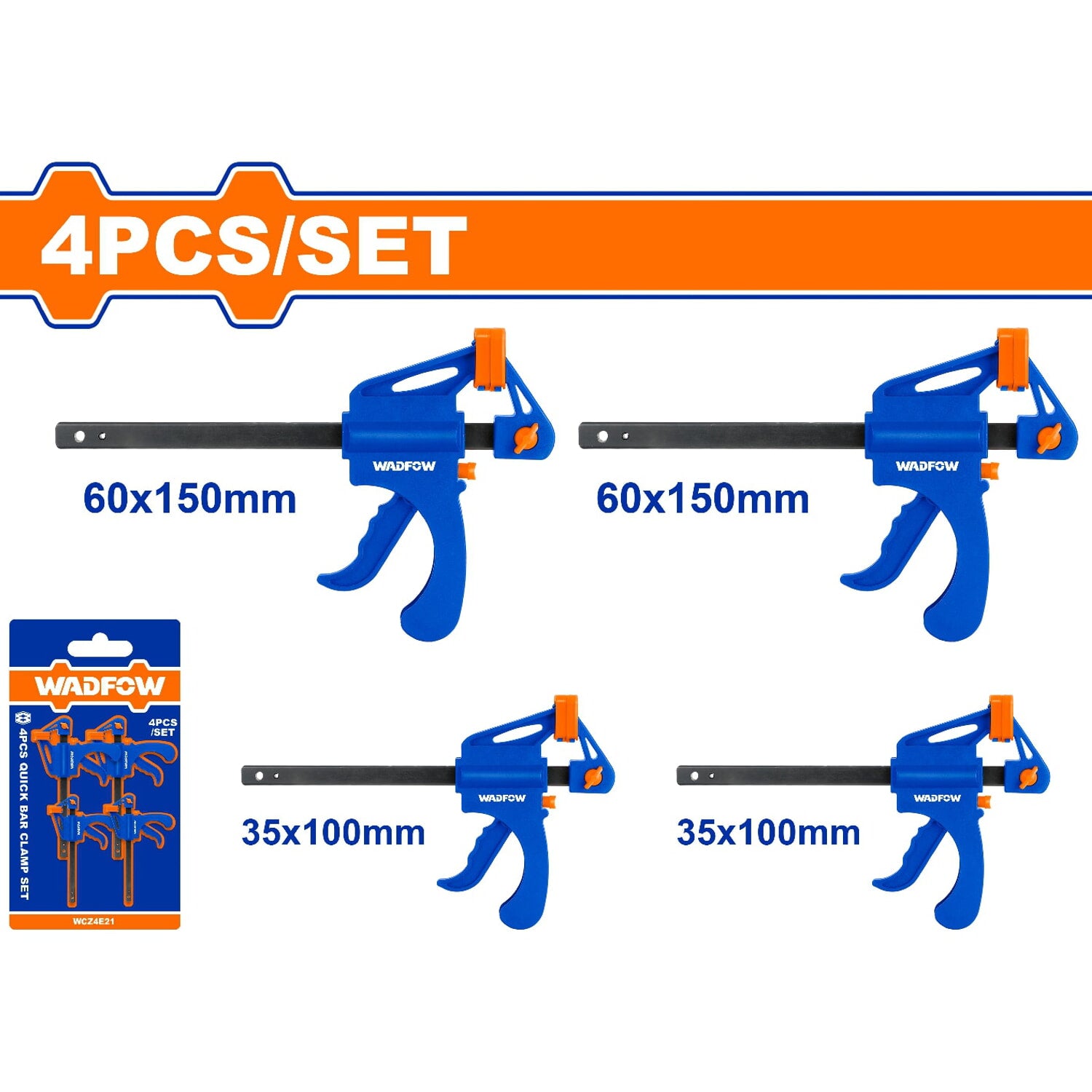 Prensas Sargento de Barra 4" y 6". Cuerpo de plástico duro. Barra acabado negro. Set 2 c/u