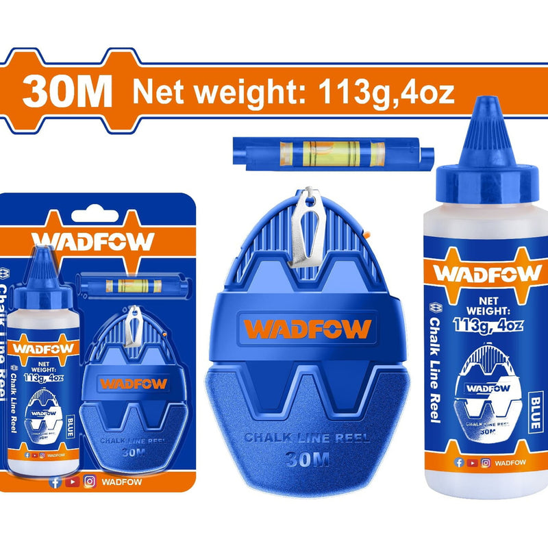 Tira línea 30mts de largo. Incluye una botella de tiza, un nivel de burbuja y polvo azul. Chalk line tiza hilo