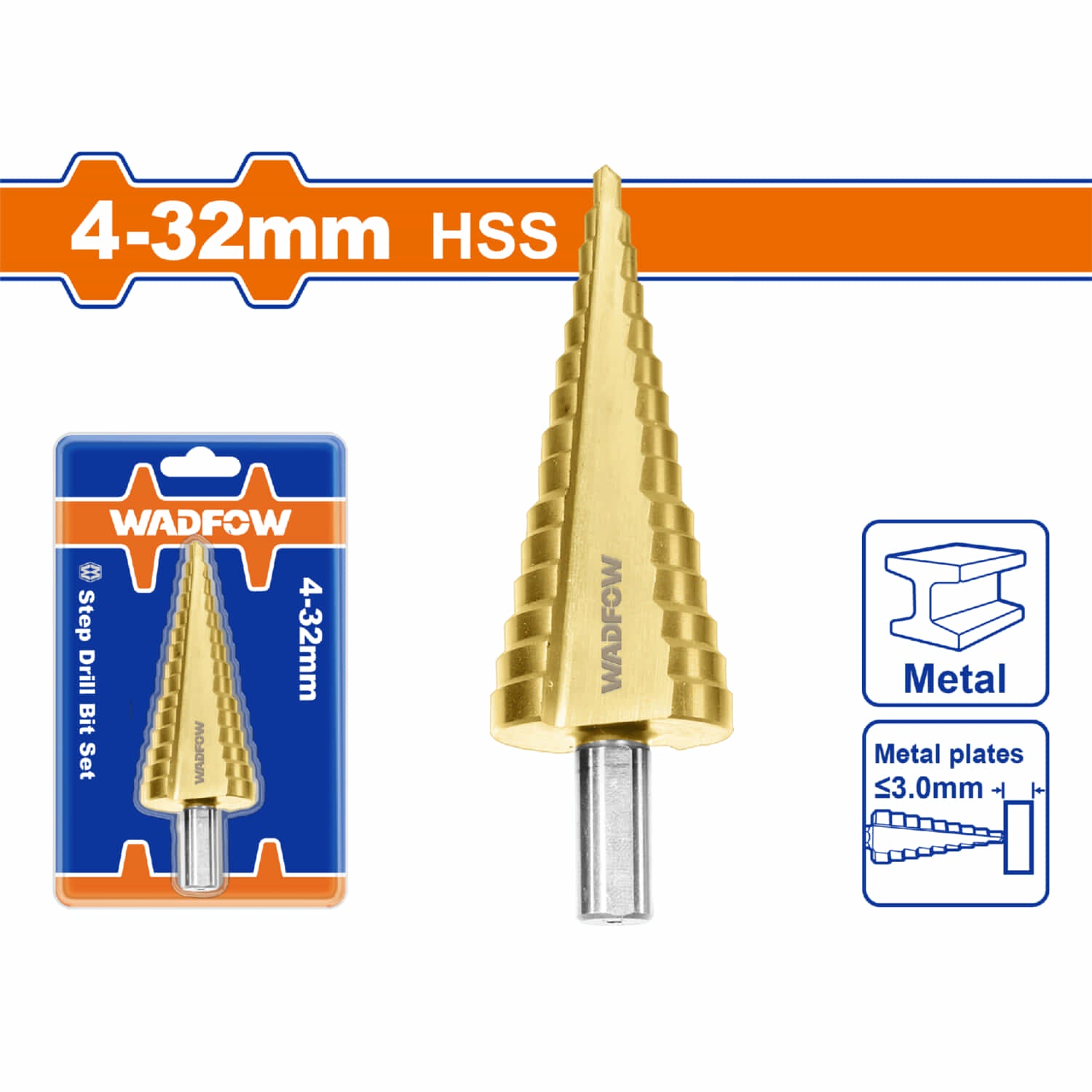 Broca escalonada 4-32mm. Vástago redondo. Pasos: 2mm. Diámetro 10mm.