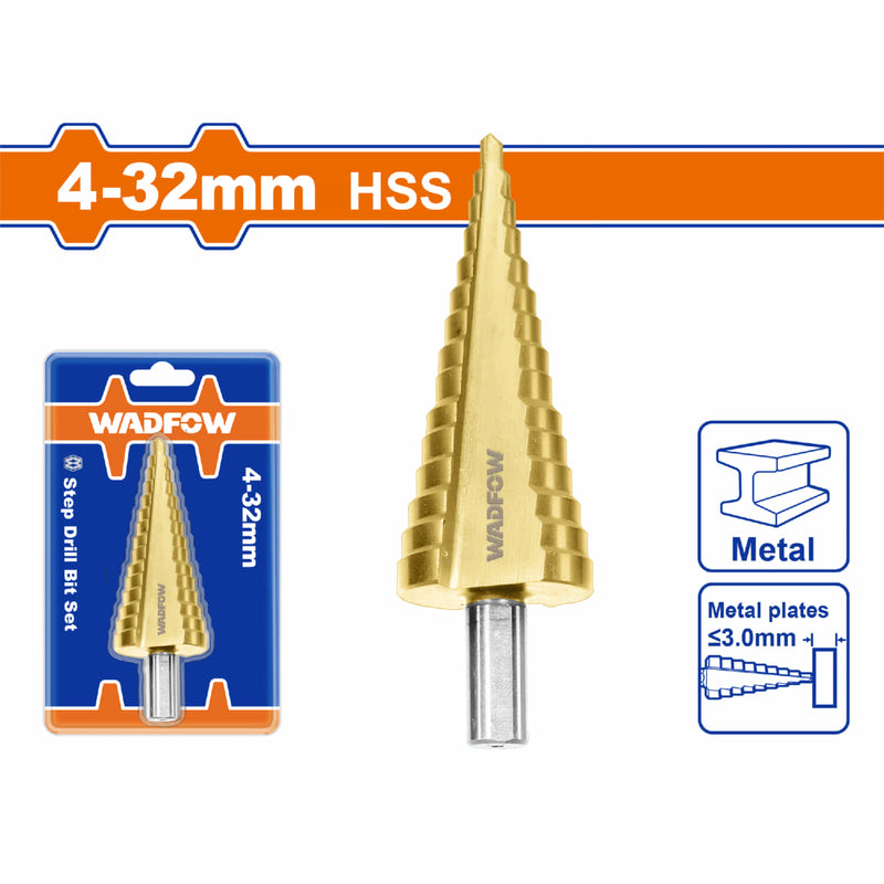 Broca escalonada 4-32mm. Vástago redondo. Pasos: 2mm. Diámetro 10mm.