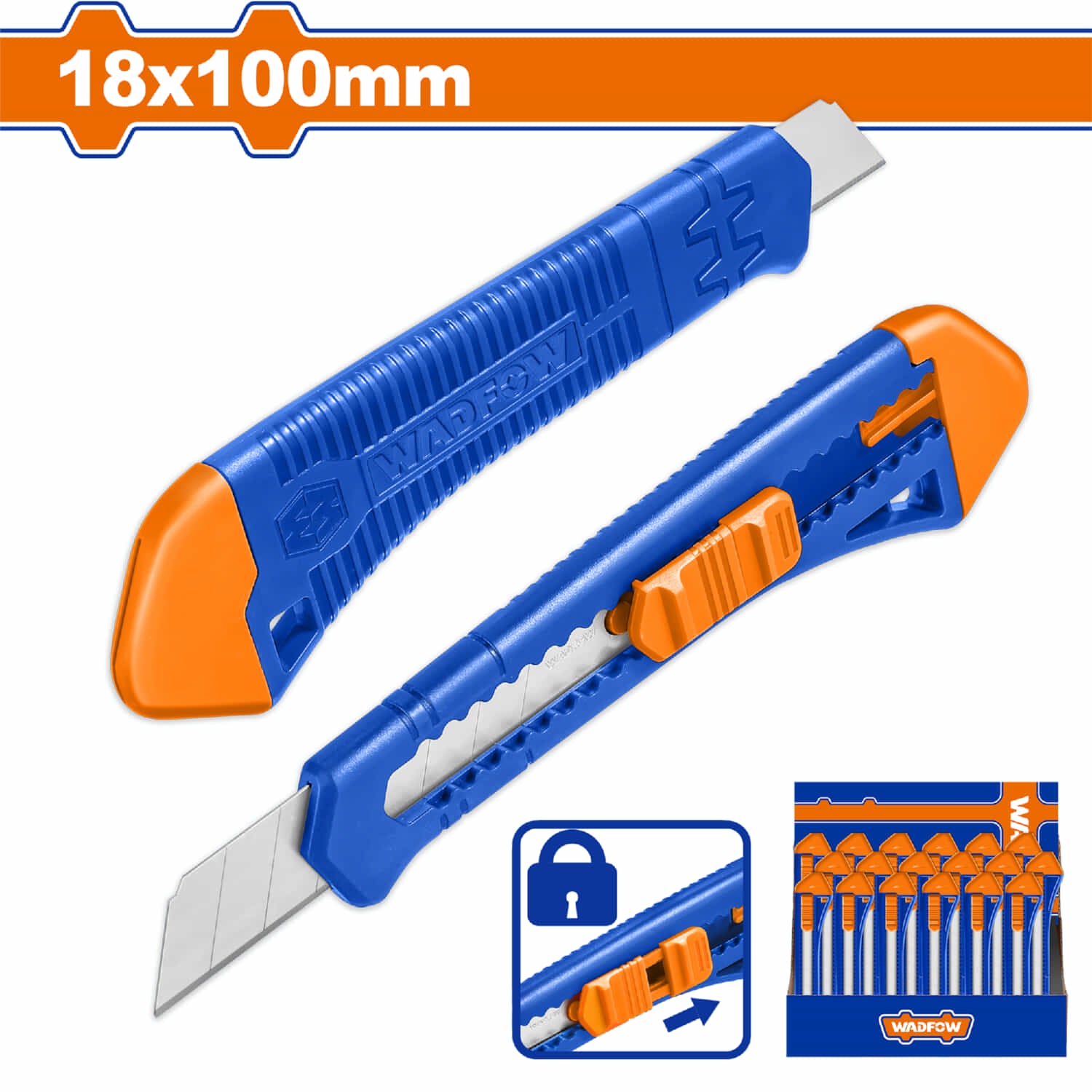 Exacto de Plástico 18x100mm. Con pulsador plano. Acero Inoxidable.