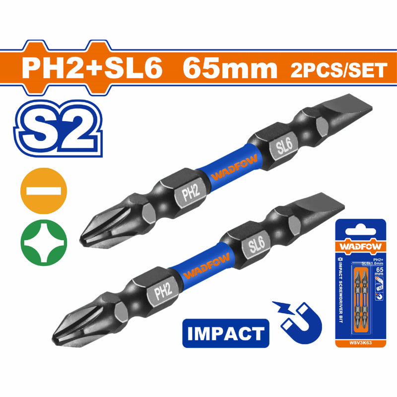 Puntas de destornillador de impacto PH2+SL6 65mm. S2. Set 2 pzs. Magnética. Tipo Phillips y Plano.