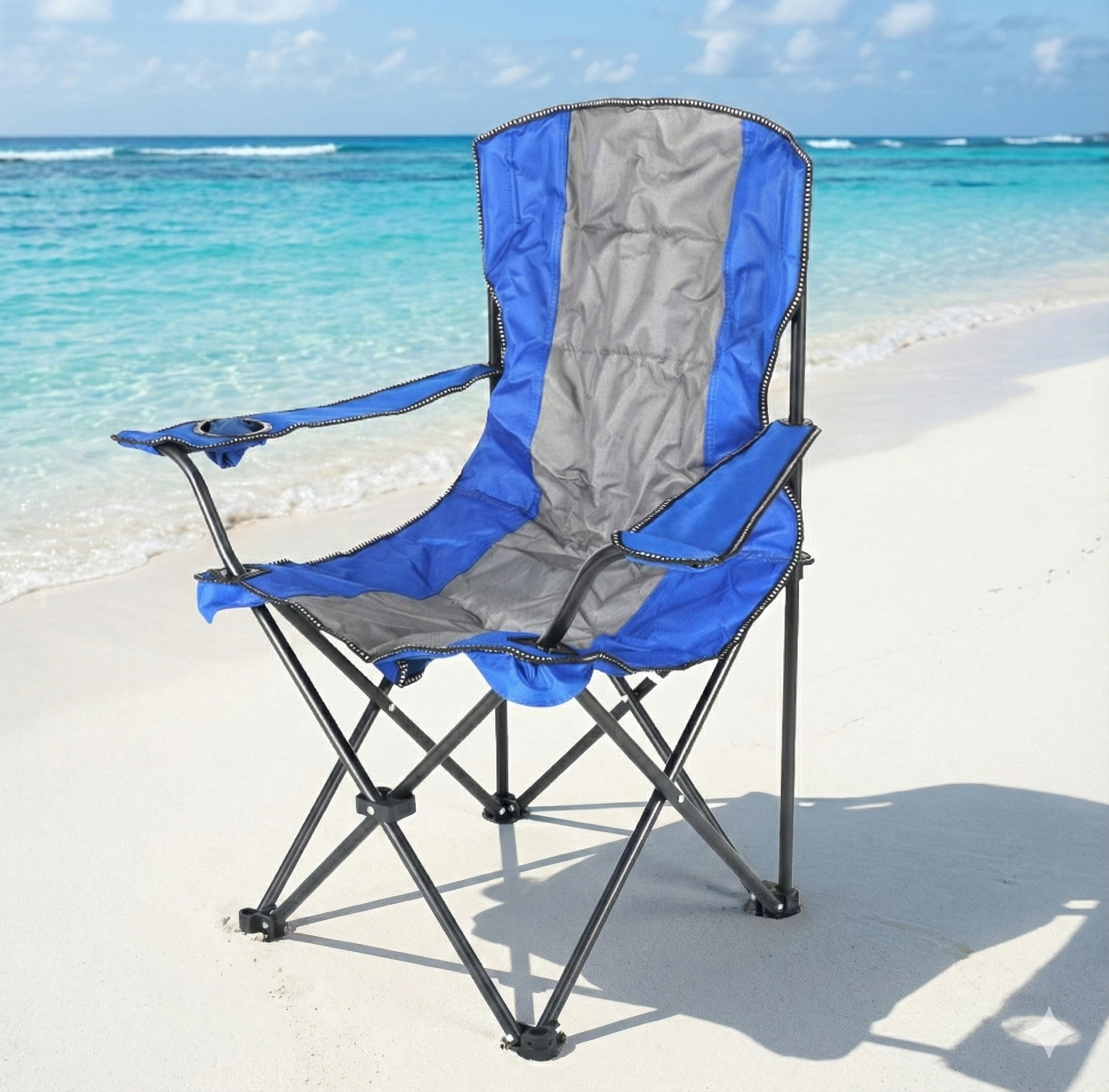 Silla plegable color gris de 50cm x 99cm x 99cm con cooler y portavasos