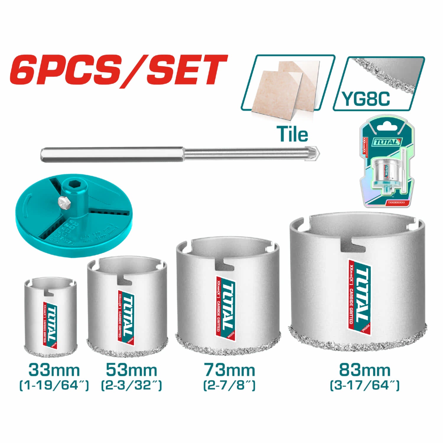 Brocas circulares de carburo sacabocado para piedras y cerámicas. 33mm 53mm 73mm 83mm. Set 6 pzas.