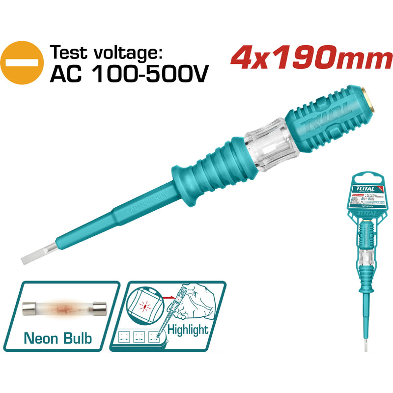 Lapiz Tester para Medir Voltaje AC 100-500 V. Tamaño de la Ranura 4 x 190 mm. Viene en Blister.