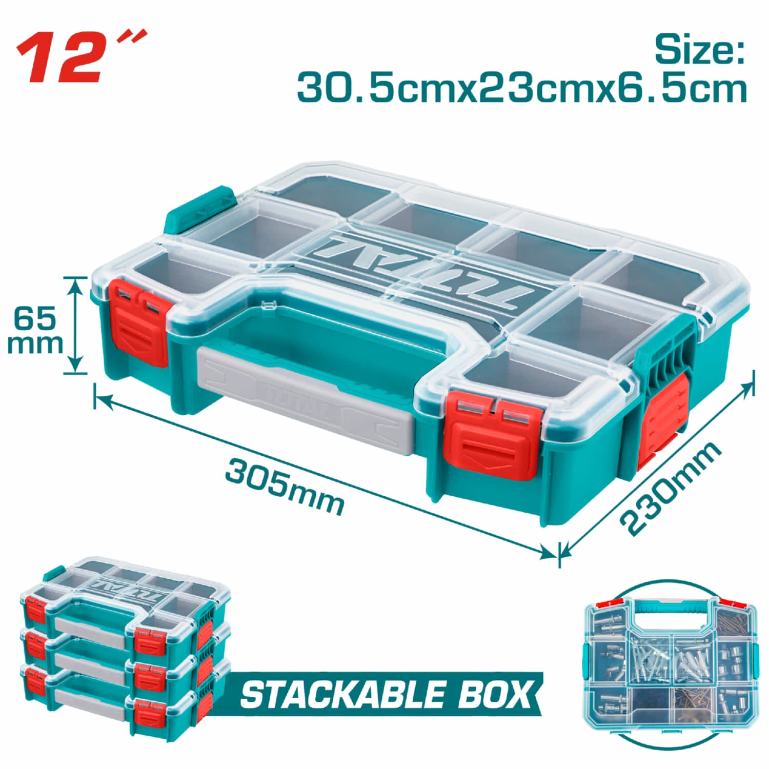 Organizador de caja Plástico 12" 305mmx230mmx65mm Apilable. Divisores removibles.
