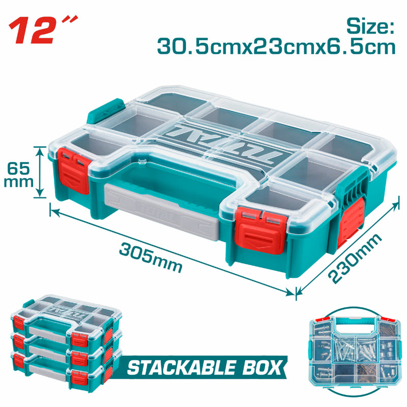 Organizador de caja Plástico 12" 305mmx230mmx65mm Apilable. Divisores removibles.
