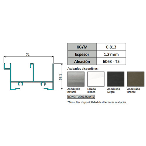 Marco Superior Ventana VC mosquitero. Espesor 1.27 mm Largo 5.85 mts. Acabado Anodo Bronce VC124
