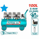 Compresor sistema de correa, 100L(26.4Gal) 2x1200W (3.2HP) Sistema sin aceite. Ruido: 75db