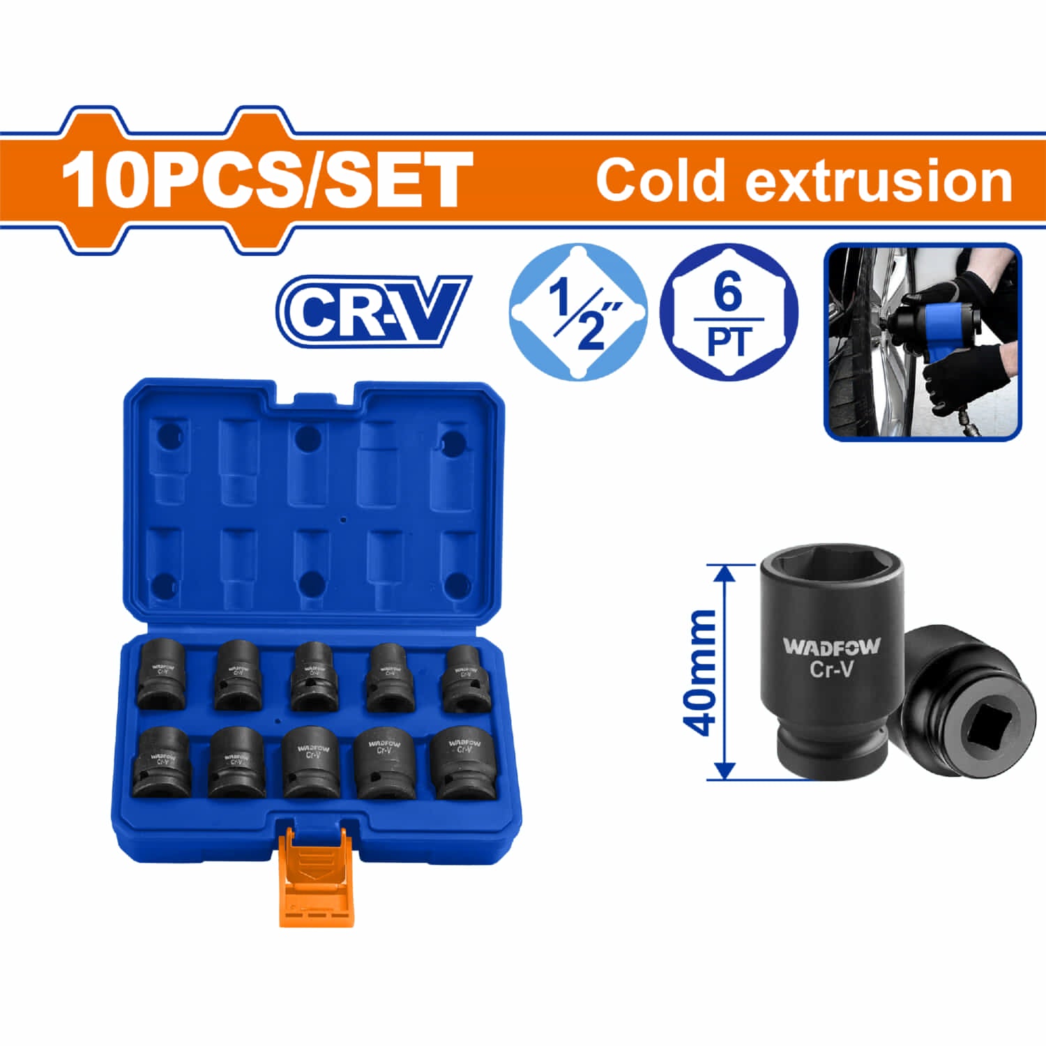 Dados Socket de Impacto de 1/2" DR. de 10 Piezas. Largo:40 mm. CrMo. Tratamiento Térmico.