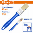 Brocha para pintar 25mm(1"). Cerdas 100% PET. Pintura a base de agua. Long: 40mm. Grosor: 8mm.