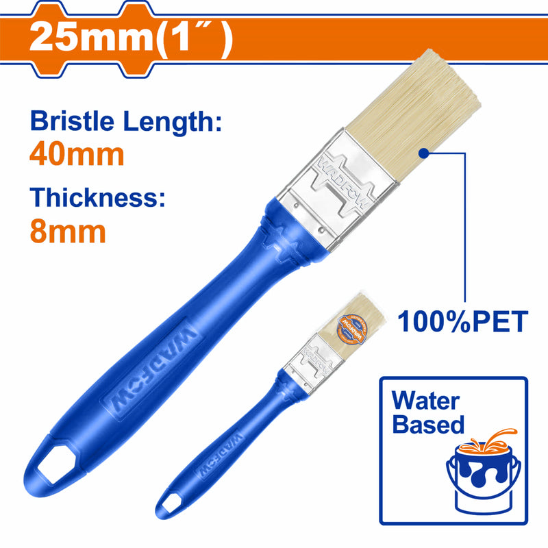 Brocha para pintar 25mm(1"). Cerdas 100% PET. Pintura a base de agua. Long: 40mm. Grosor: 8mm.