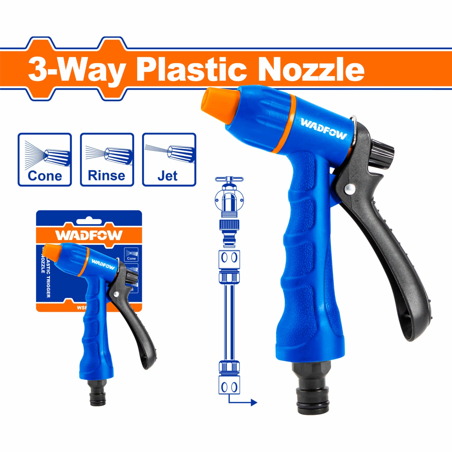 Pistola Boquilla de agua de plástico para manguera ajustable 3 vías. Agarre suave y cómodo. Gatillo de plástico.