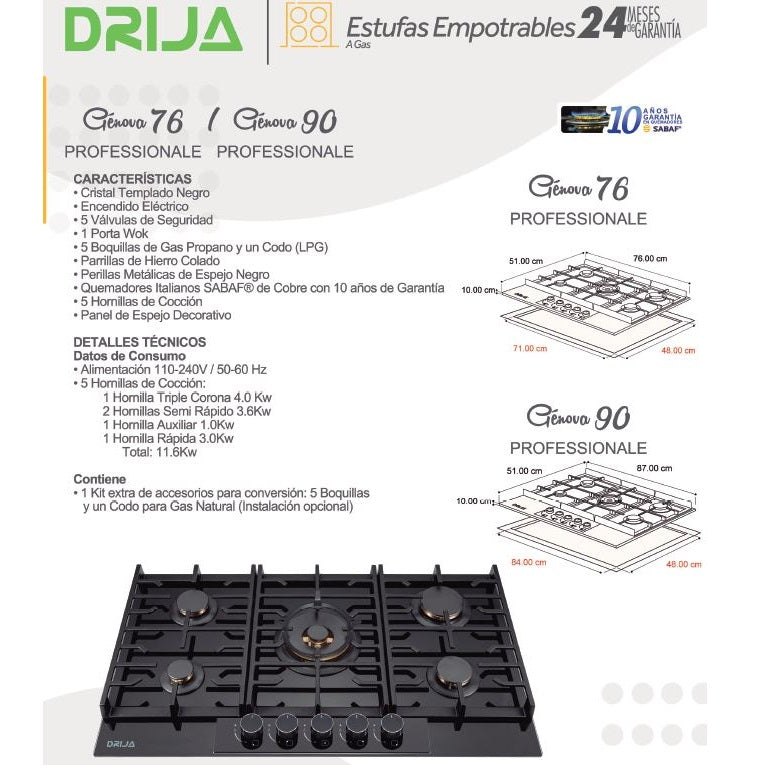 Estufa empotrable a gas Genova 90 Professionale. Color negro.