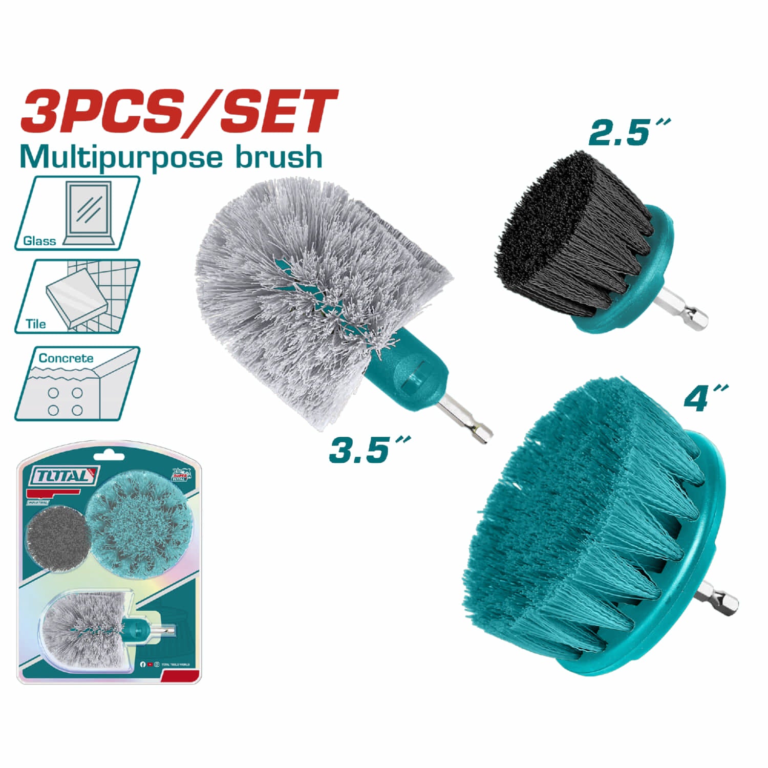 Cepillos para drill 3 piezas (cerdas duras, cerdas suaves, cerdas medianas) con Vástago 1/4" Hex