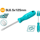 Destornillador plano 40 Cr, mango redondo. Ranura: 6 mm. Diámetro: 6 mm. Longitud: 125 mm