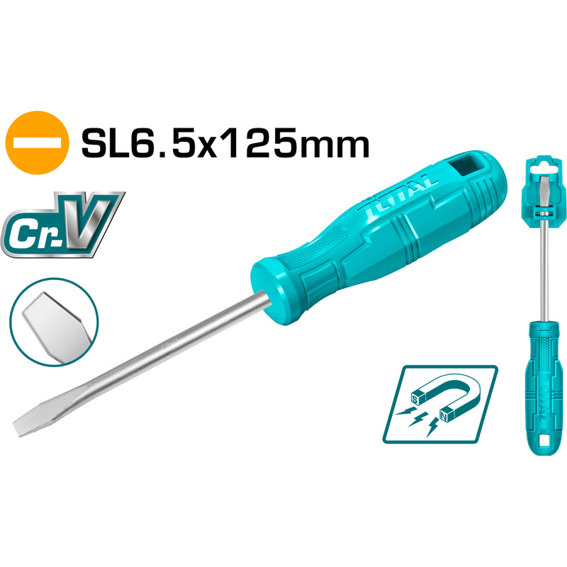Destornillador plano 40 Cr, mango redondo. Ranura: 6 mm. Diámetro: 6 mm. Longitud: 125 mm