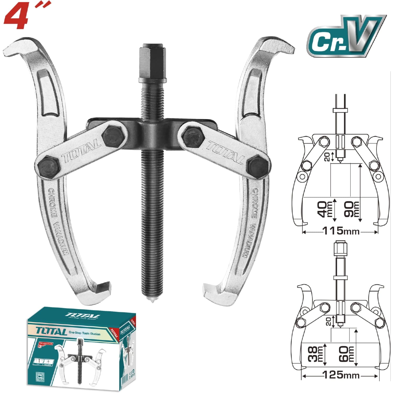 Extractor De 2 Mandibulas De 4". Maxima Fuerza 3000 Kg Cr-V, Tratamiento Termico.