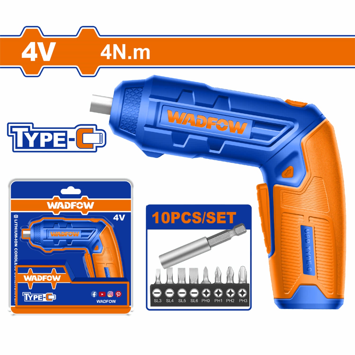 Destornillador inalámbrico 4V. Carga USB cable tipo C de celular. 4N.m. 240 rpm. Mango ajustable.
