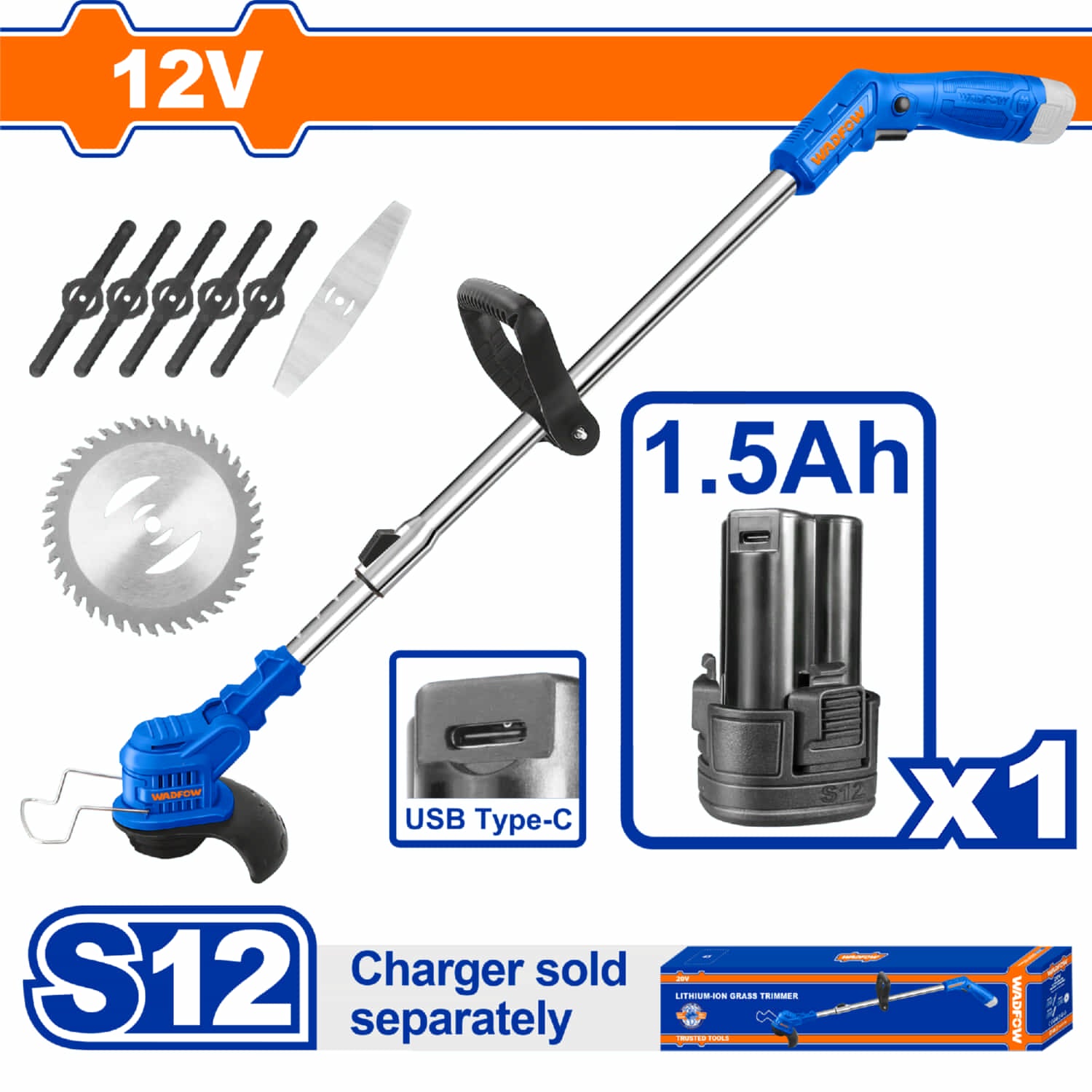 Desmalezadora de Hierba Inalámbrica 12V. Veloc.sin carga:10000/min Incluye Batería y cargador usa tipo C de Celular se vende por separado. Desbrozadora.