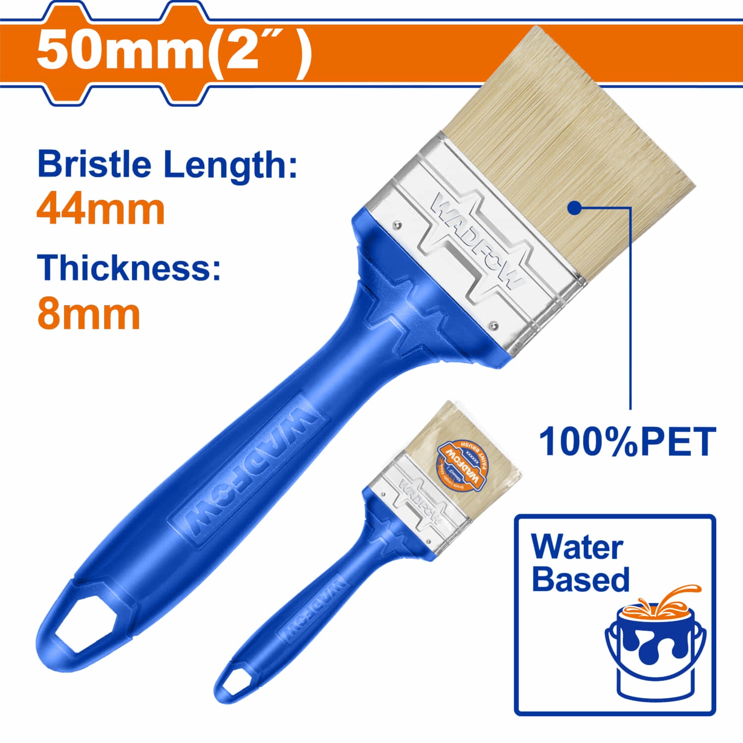 Brocha para pintar 50mm(2"). Cerdas 100% PET. Pintura a base de agua. Long: 44mm. Grosor: 8mm.