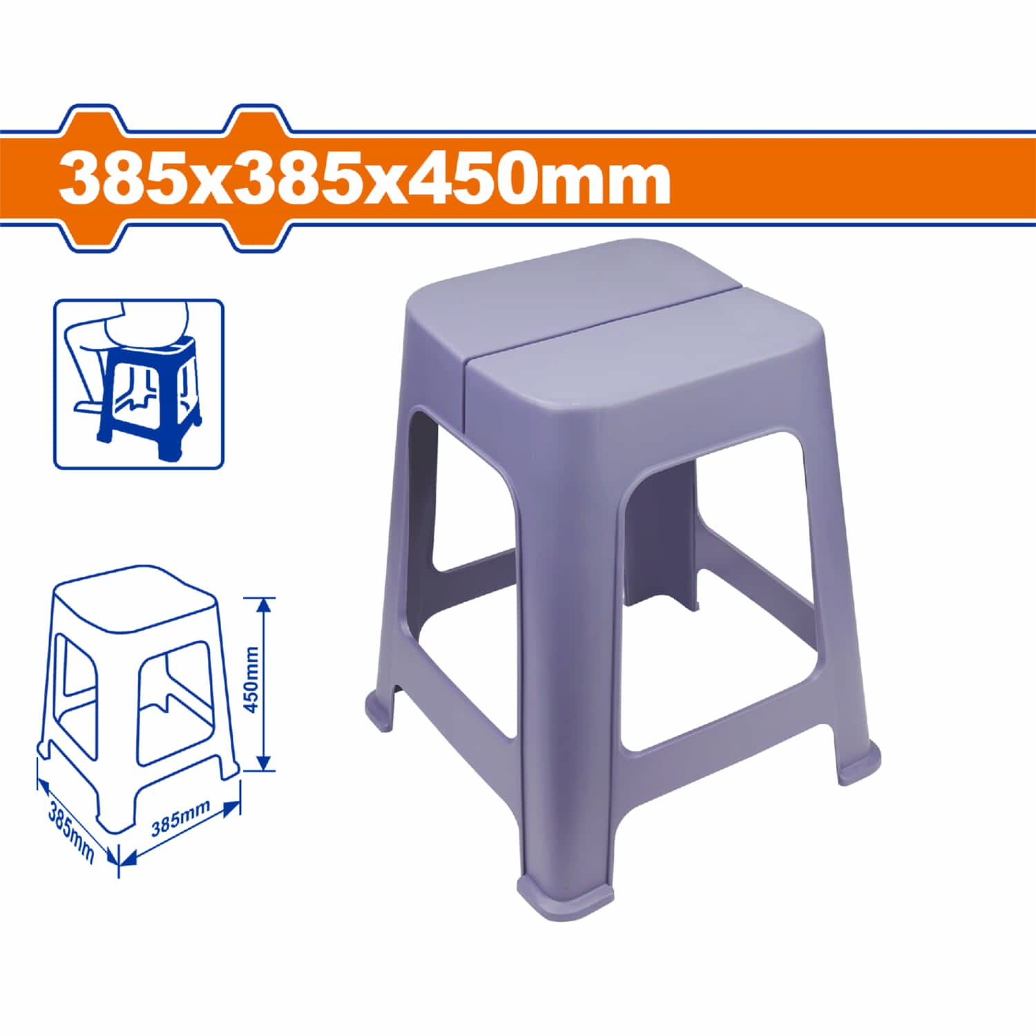 Banco de Plástico 385x385x450mm. Peso: 950g. Almohadillas deslizantes. Ideal como escalón. Silla plastica