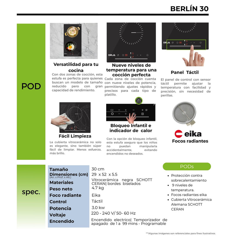 Estufa empotrable eléctrica vitrocerámica Berlin 30.