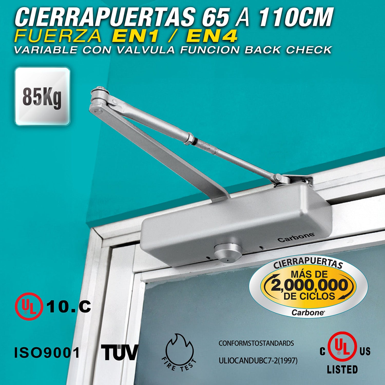 Cierrapuertas para 65a110cm(15-85kg).Fuerza EN1~4 variable con val.Funcion back check(10años)