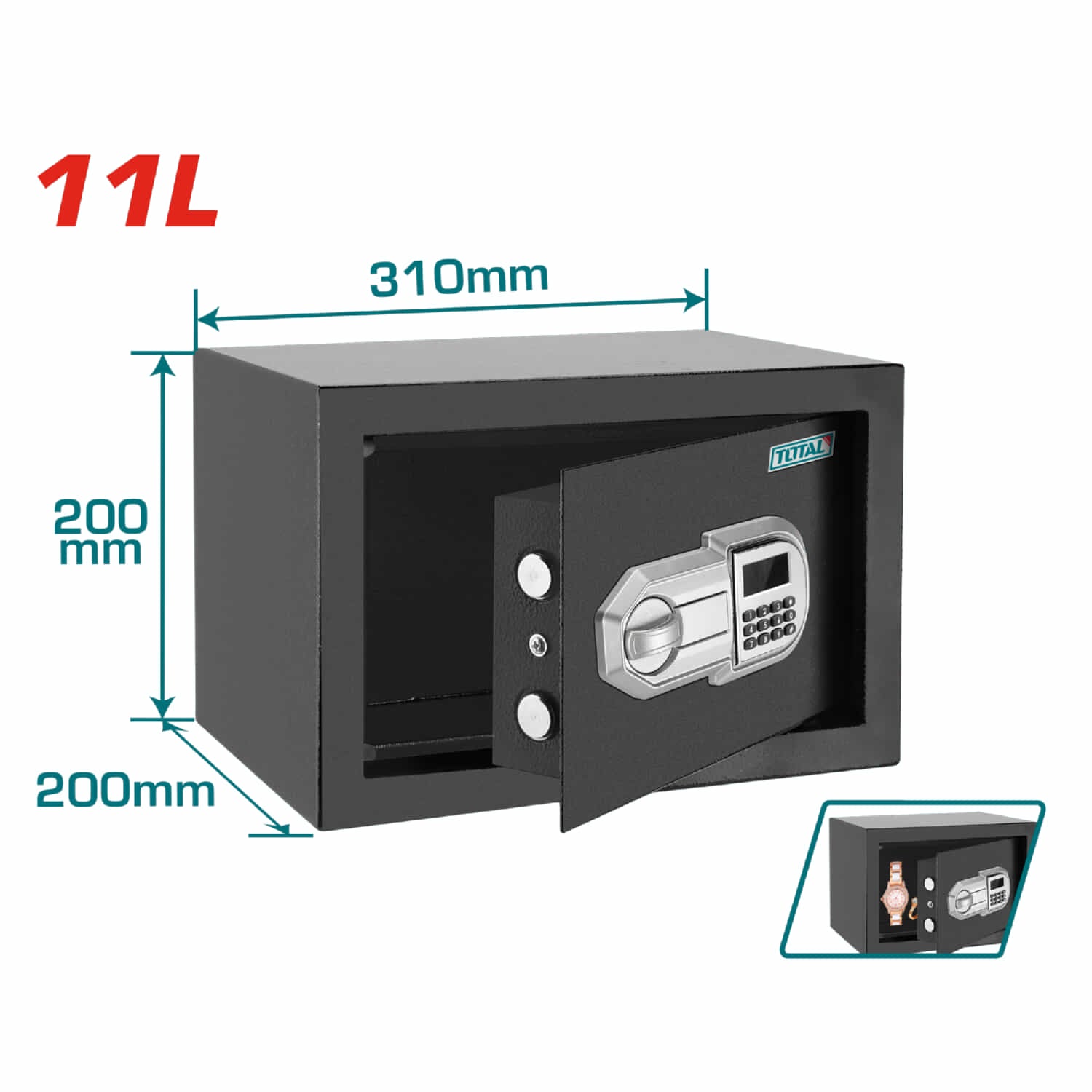 Caja Fuerte de Seguridad 11 L. 200 x 310 x 200 mm. Registra 3 a 8 dígitos.