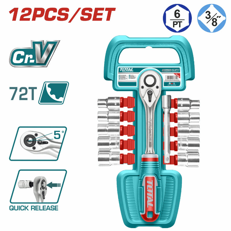 Dados Socket 3/8" Surtidos y mango socket de liberación rápida. Cr-V. 45T. Set de 12 piezas.