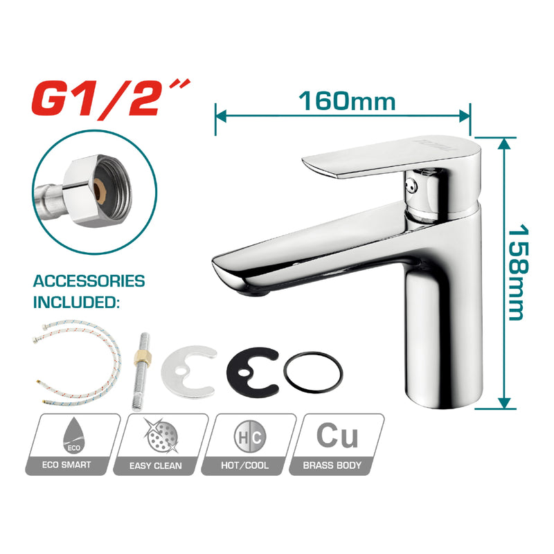 Grifo de Lavamanos mezclador de 1 mando. Altura del caño: 92 mm. Altura total: 158 mm.