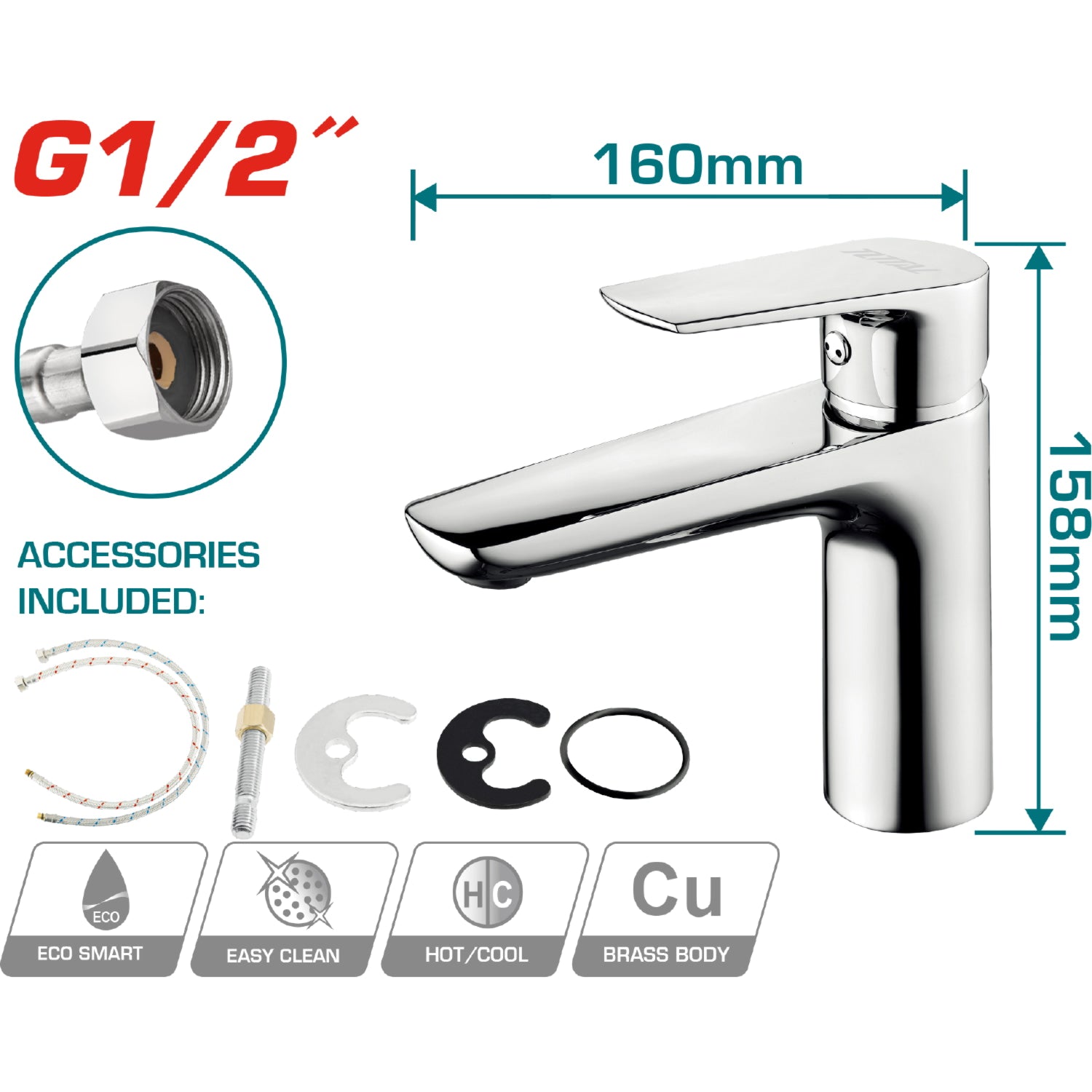 Grifo de Lavamanos mezclador de 1 mando. Altura del caño: 92 mm. Altura total: 158 mm.