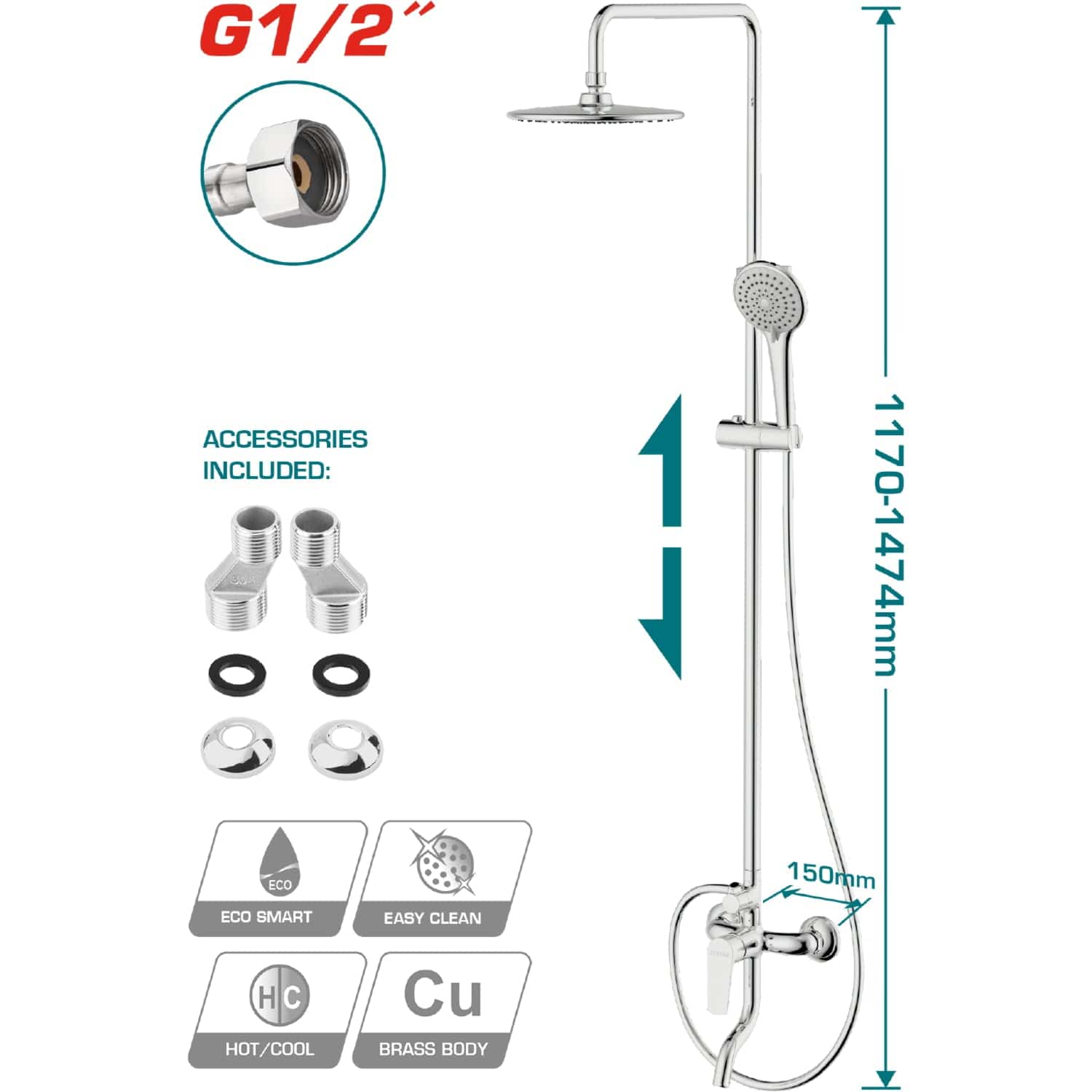 Llave De Ducha Bañera Con Mezclador De 1 Mando. Tamaño Del Grifo: 150 X 192 Mm