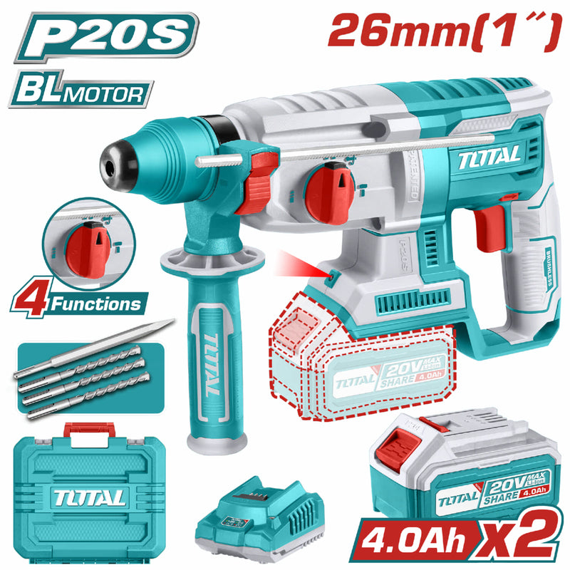 Taladro Rotomartillo 20V Motor sin escobillas. Perfora Concreto. Incluye batería y cargador. Inalambrico