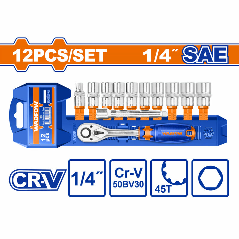 Dados socket ratchet 1/4" 12 pzs. CR-V. 45 dientes. (Socket, barra de extensión) Medida SAE.Cromado (Set)